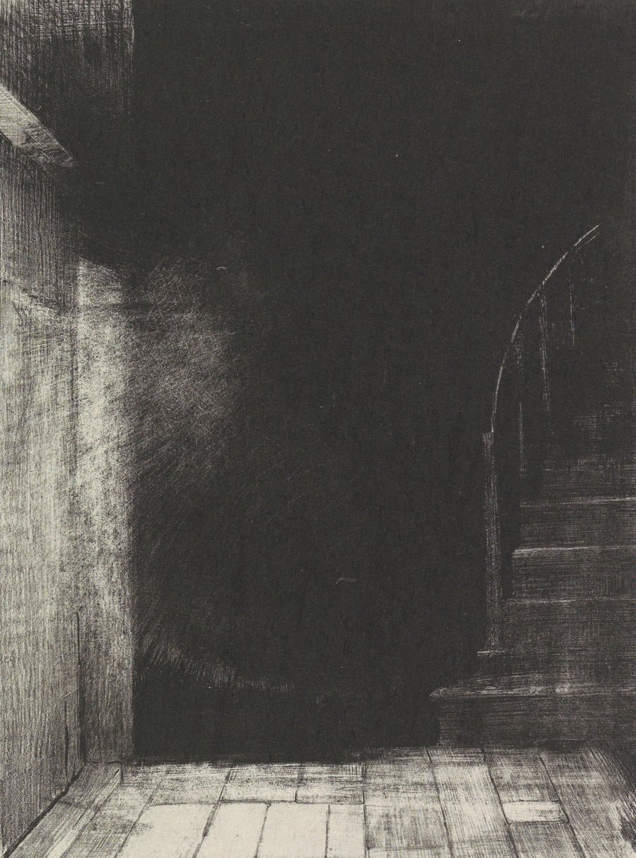 Odilon Redon — The Haunted House: I Saw a Flash of Light, Large and Pale | Symbolist Art Print shown to scale on a wall above a sofa