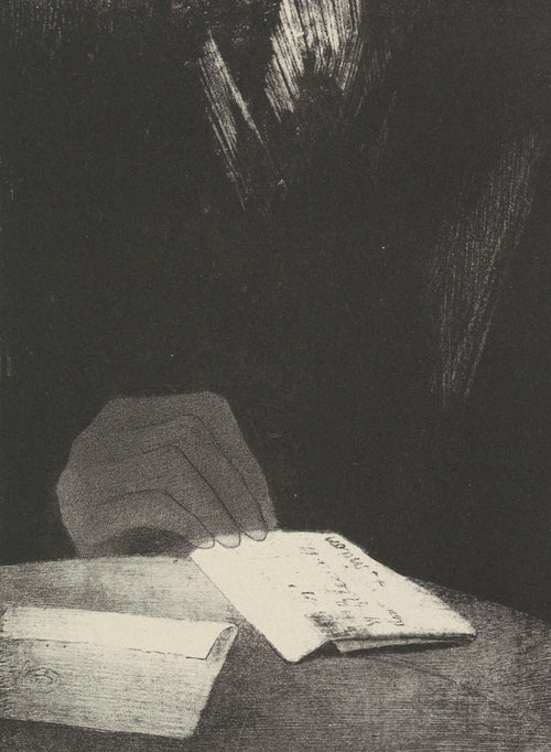 The Haunted House: To All Appearances, It Was a Hand of Flesh and Blood by Odilon Redon — A pale hand reaches out of darkness to take a letter from a table
