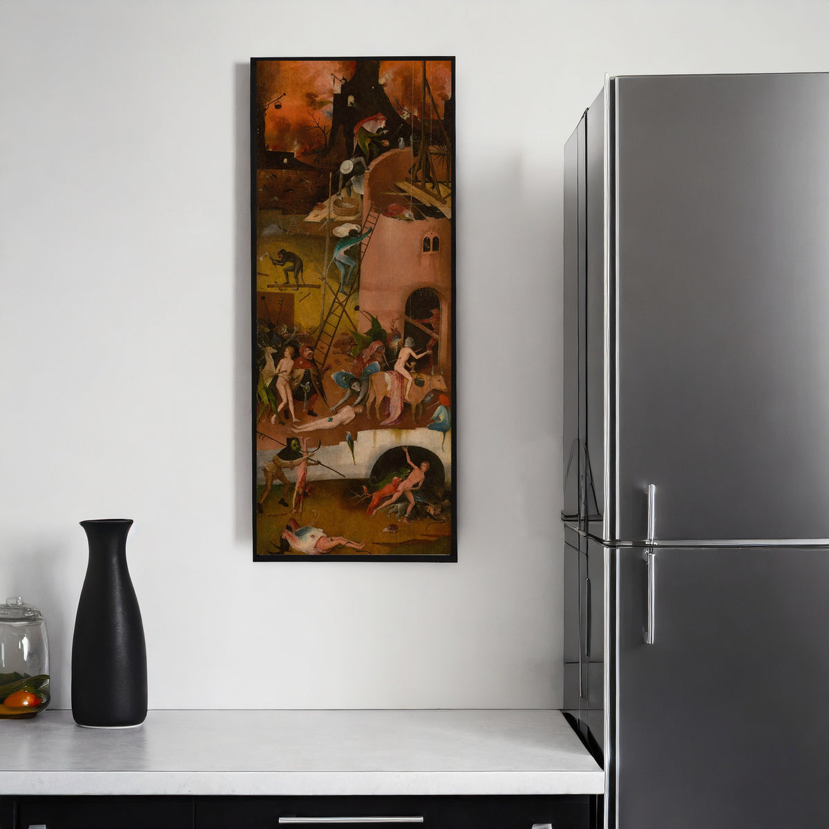 Framed art print of The Haywain Triptych - Hell (right wing) by Hieronymus Bosch, on a kitchen wall
