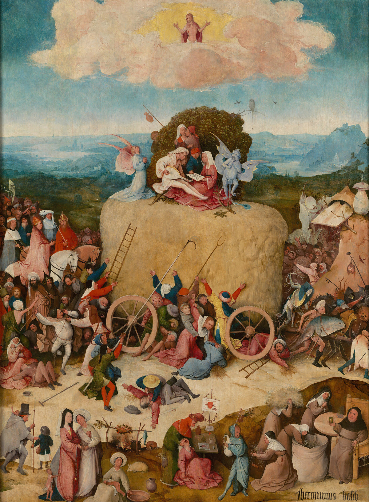 The Haywain Triptych (central panel) by Hieronymus Bosch — A crowd fights over a hay wagon as demons haul it away