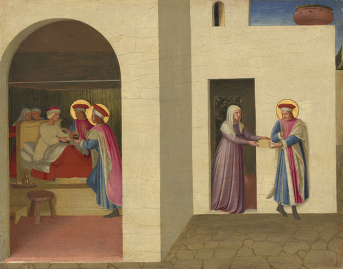 The Healing of Palladia by Saint Cosmas and Saint Damian by Fra Angelico — Two scenes in one panel: a sickbed and a doorway