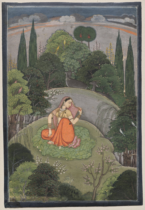 The Heroine Who Waits Anxiously for Her Absent Lover: Utka Nayika by Pahari school — A lone woman waits on a bed of leaves among paired birds and animals