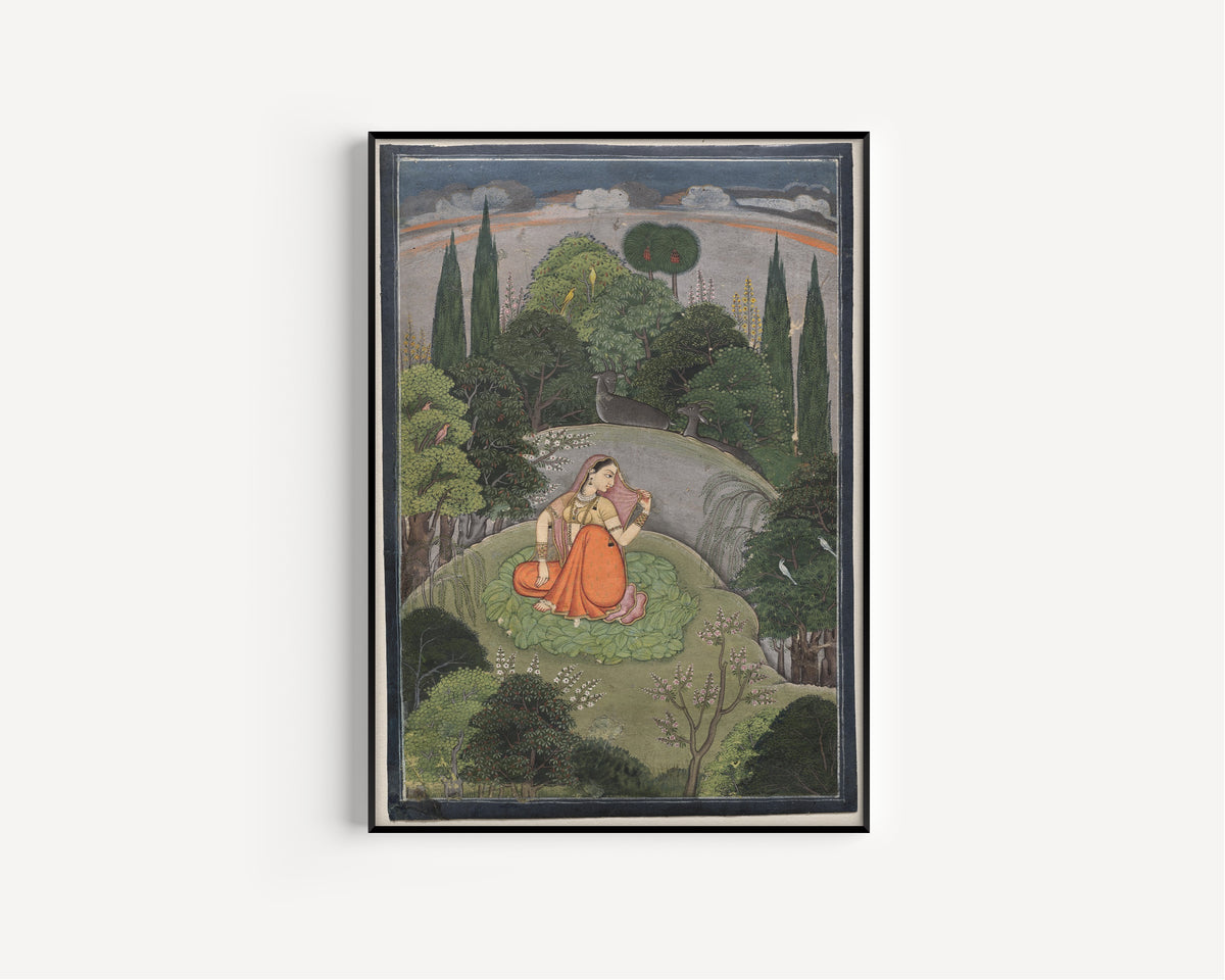 Framed art print of The Heroine Who Waits Anxiously for Her Absent Lover: Utka Nayika by Pahari school, in a slim black frame on a plain white wall