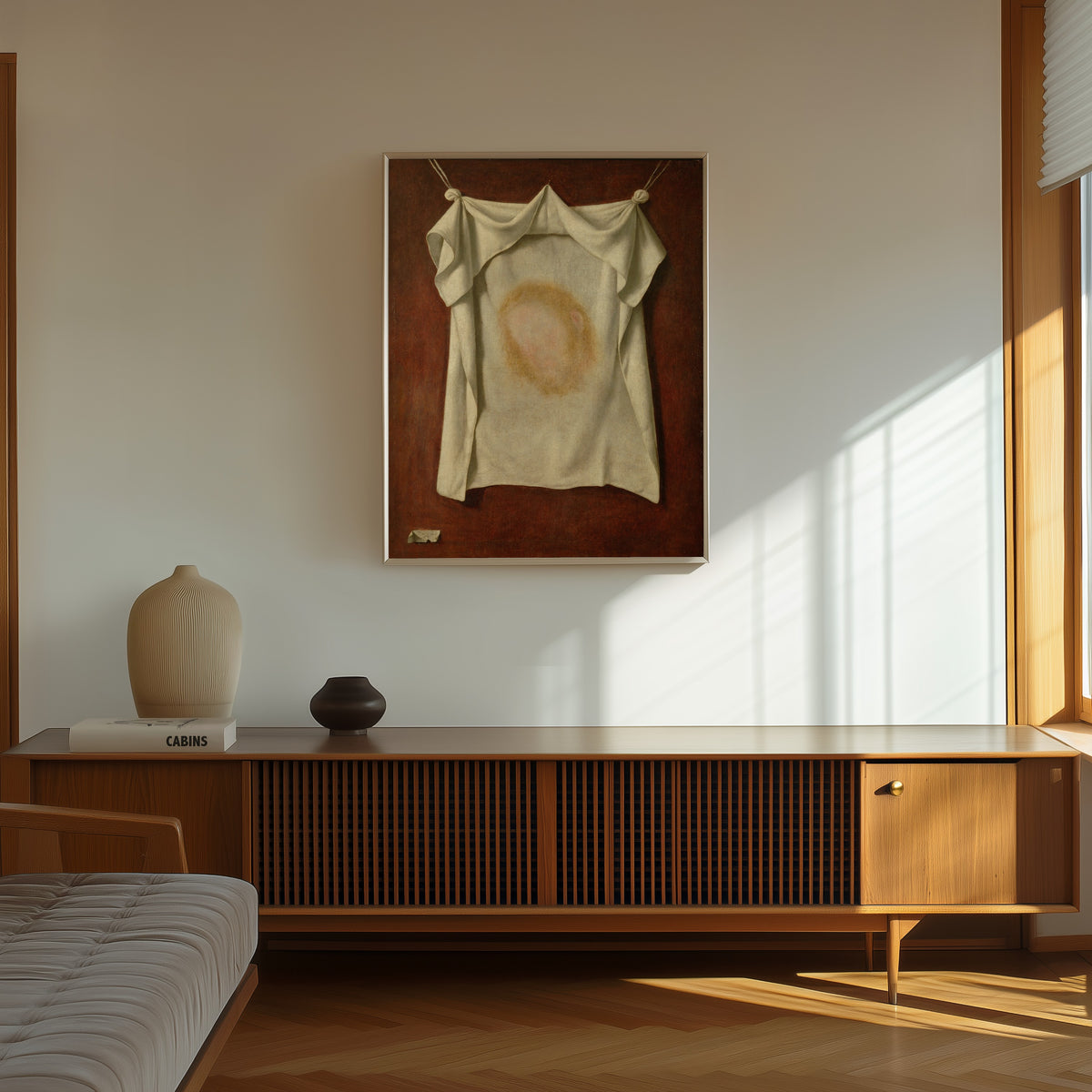 Framed art print of The Holy Face by Francisco de Zurbarán, in a thin light frame on a sunlit wall above a wooden sideboard