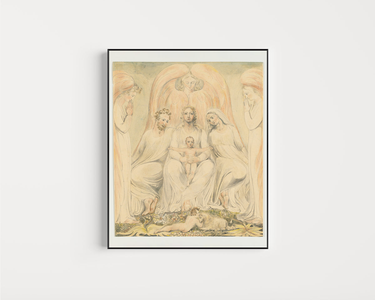 Framed art print of The Holy Family (Christ in the Lap of Truth) by William Blake, in a slim black frame on a plain white wall