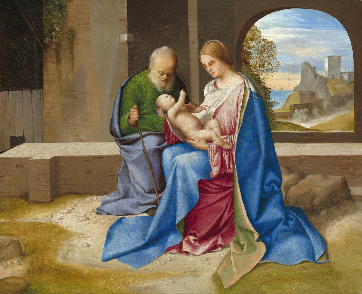 The Holy Family by Giorgione — An old man with a staff watches a Virgin cradle the Child