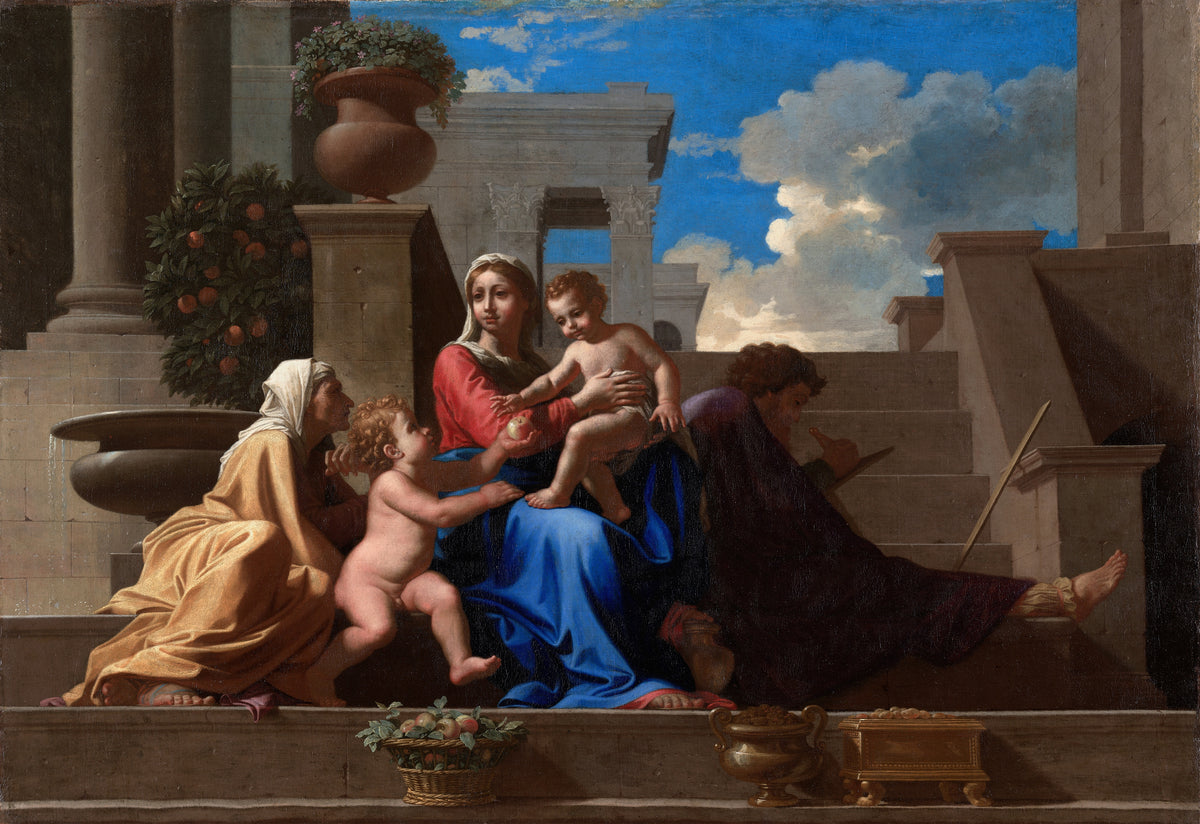 The Holy Family on the Steps by Nicolas Poussin — A mother and child on stone steps as a second boy offers an apple