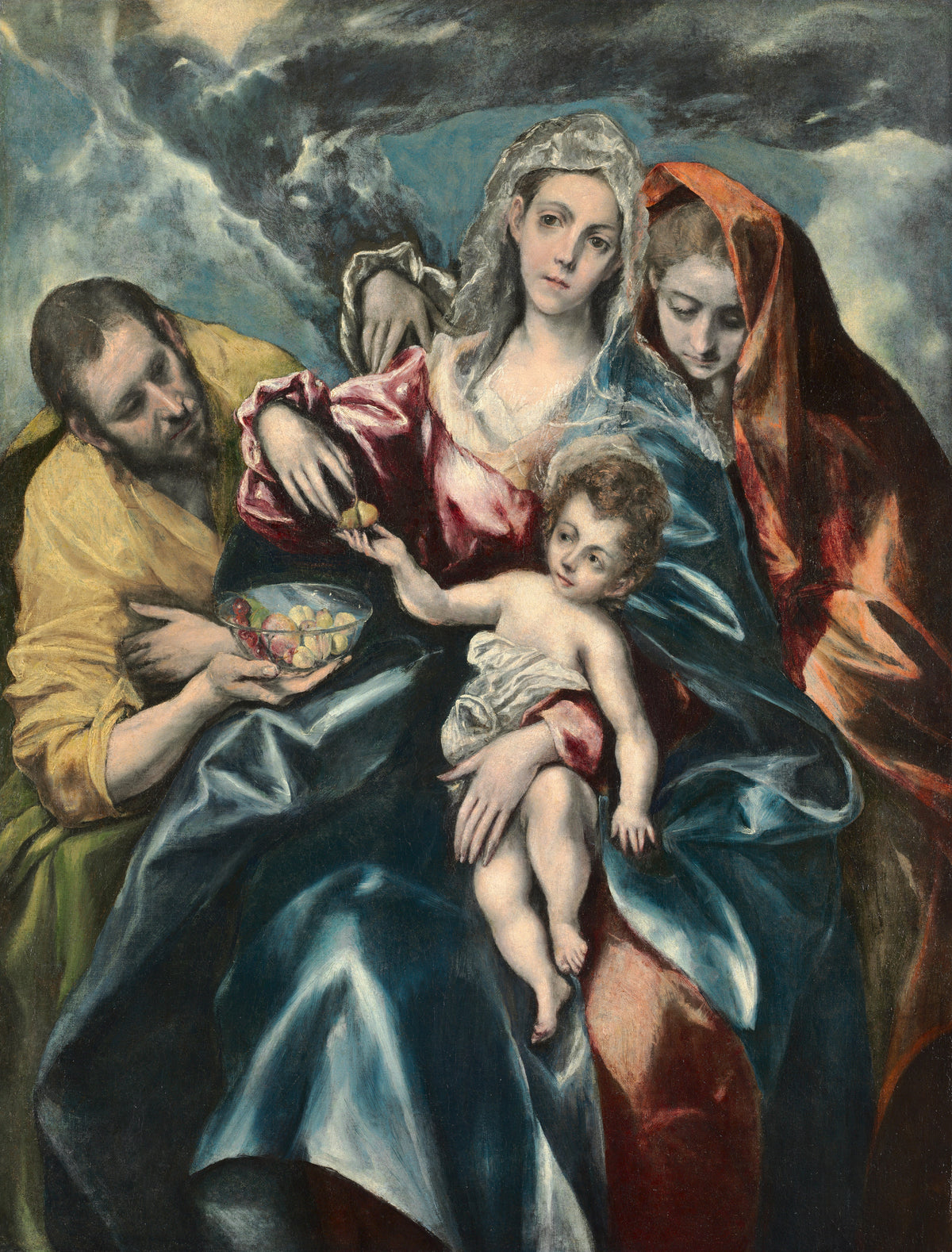 The Holy Family with Mary Magdalen by El Greco — Fruit offered to a child under a stormy blue-green sky
