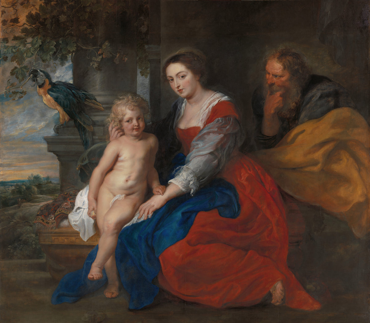 The Holy Family with the Parrot by Peter Paul Rubens — A mother and child with a macaw on a column and an old man in gold