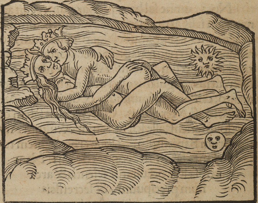 Rosarium Philosophorum — The Holy Wedding (Conjunction) | Alchemical Woodcut Print shown to scale on a wall above a sofa