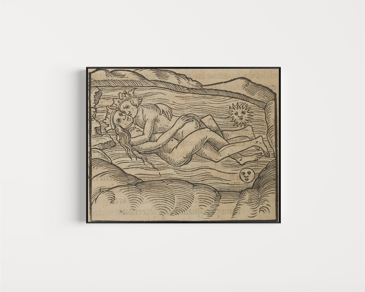 Framed art print of The Holy Wedding (Conjunction) by Rosarium Philosophorum, in a slim black frame on a plain white wall
