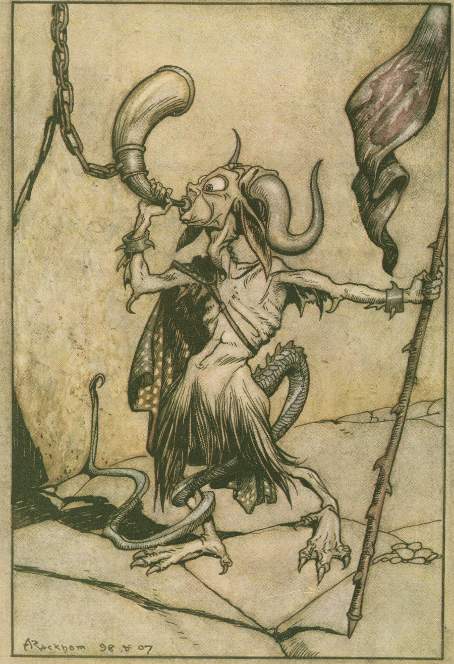 Arthur Rackham — The Horn at the Gate of the Barbican Tower | Fairy Tale Illustration Print shown to scale on a wall above a sofa