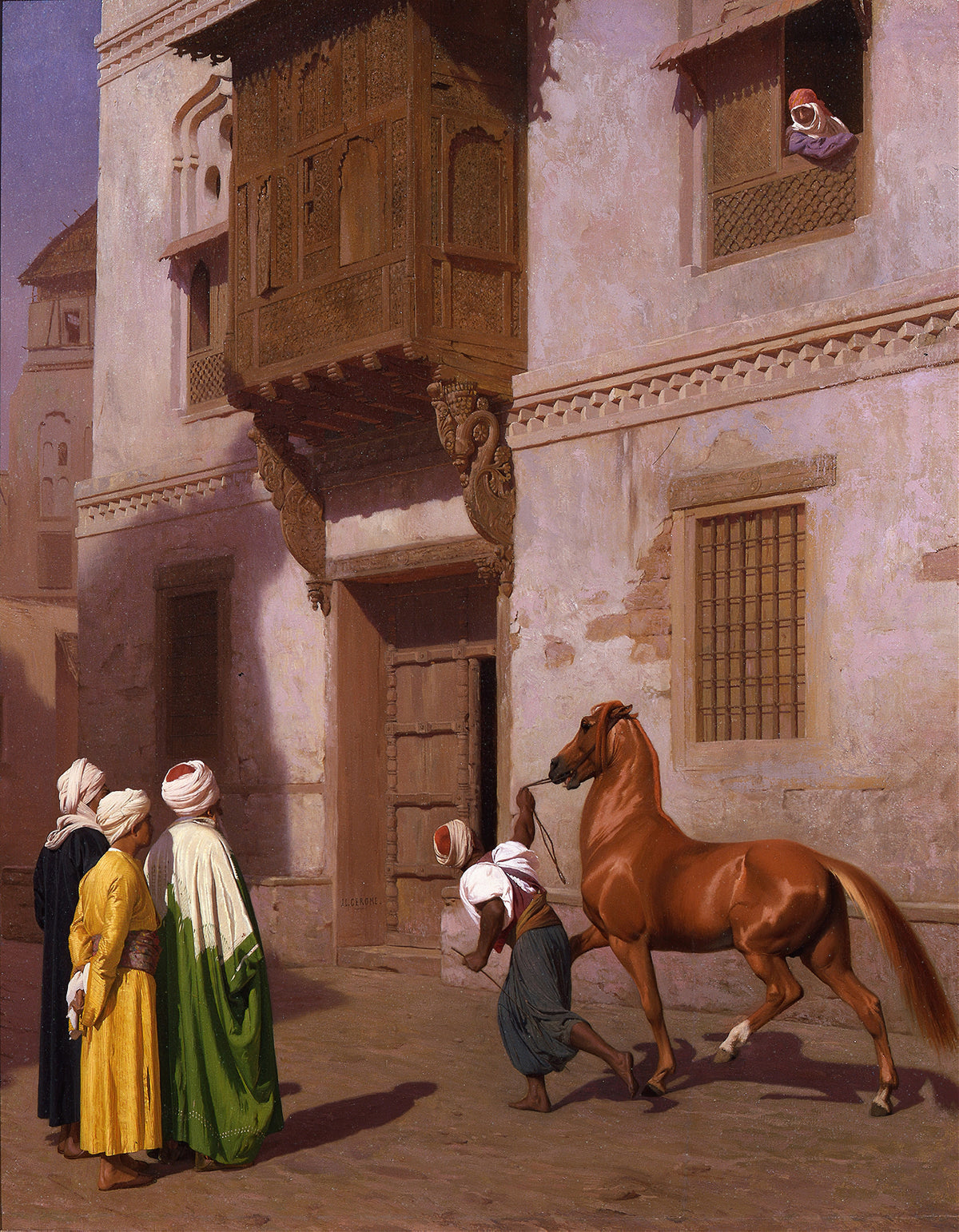 The Horse Market by Jean-Léon Gérôme — A groom shows off a chestnut horse to three men in a sunlit street
