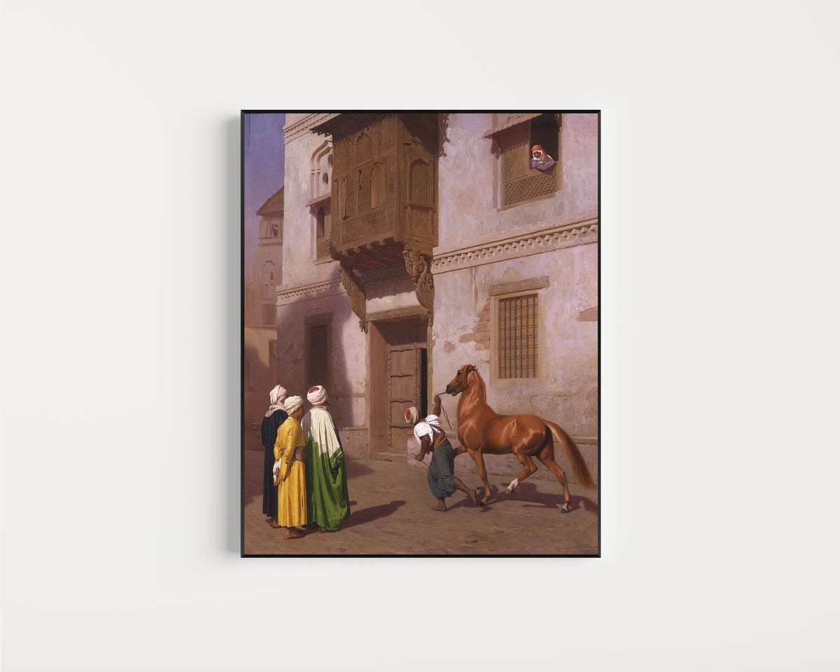 Framed art print of The Horse Market by Jean-Léon Gérôme, in a slim black frame on a plain white wall