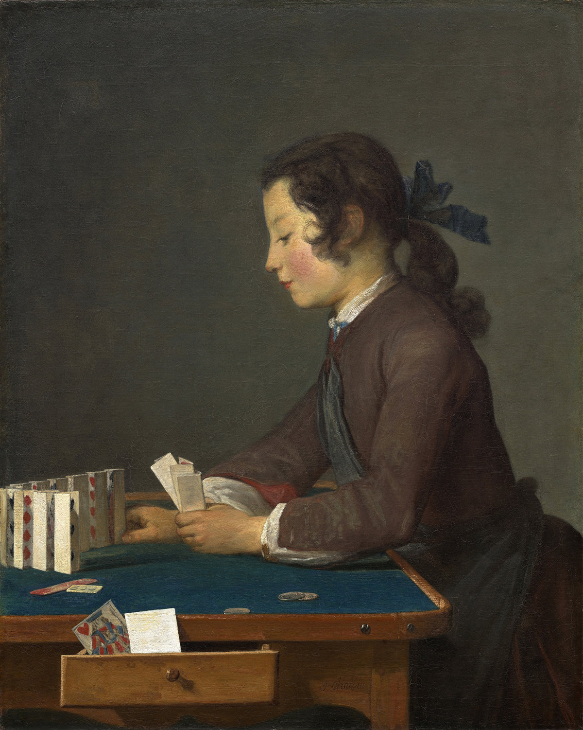 The House of Cards by Jean-Siméon Chardin — A young person in profile building a house of cards