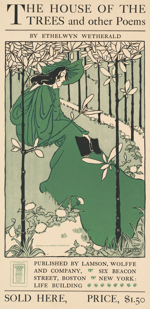 The House of the Trees and Other Poems by Ethelwyn Wetherald by Ethel Reed — A woman in green sits among slender trunks with a book in her lap