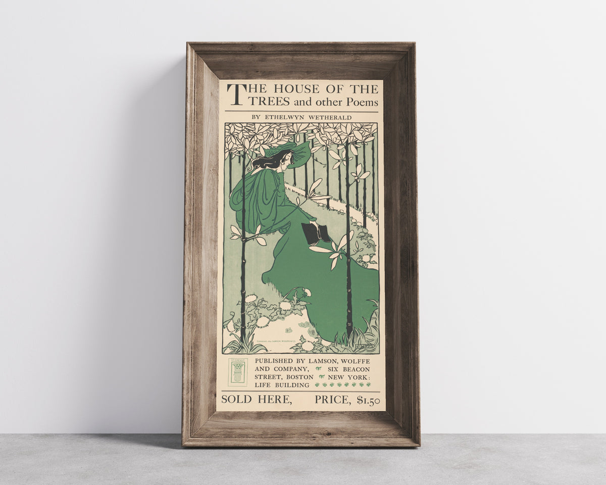 Framed art print of The House of the Trees and Other Poems by Ethelwyn Wetherald by Ethel Reed, in a wide wooden frame leaning against a concrete wall