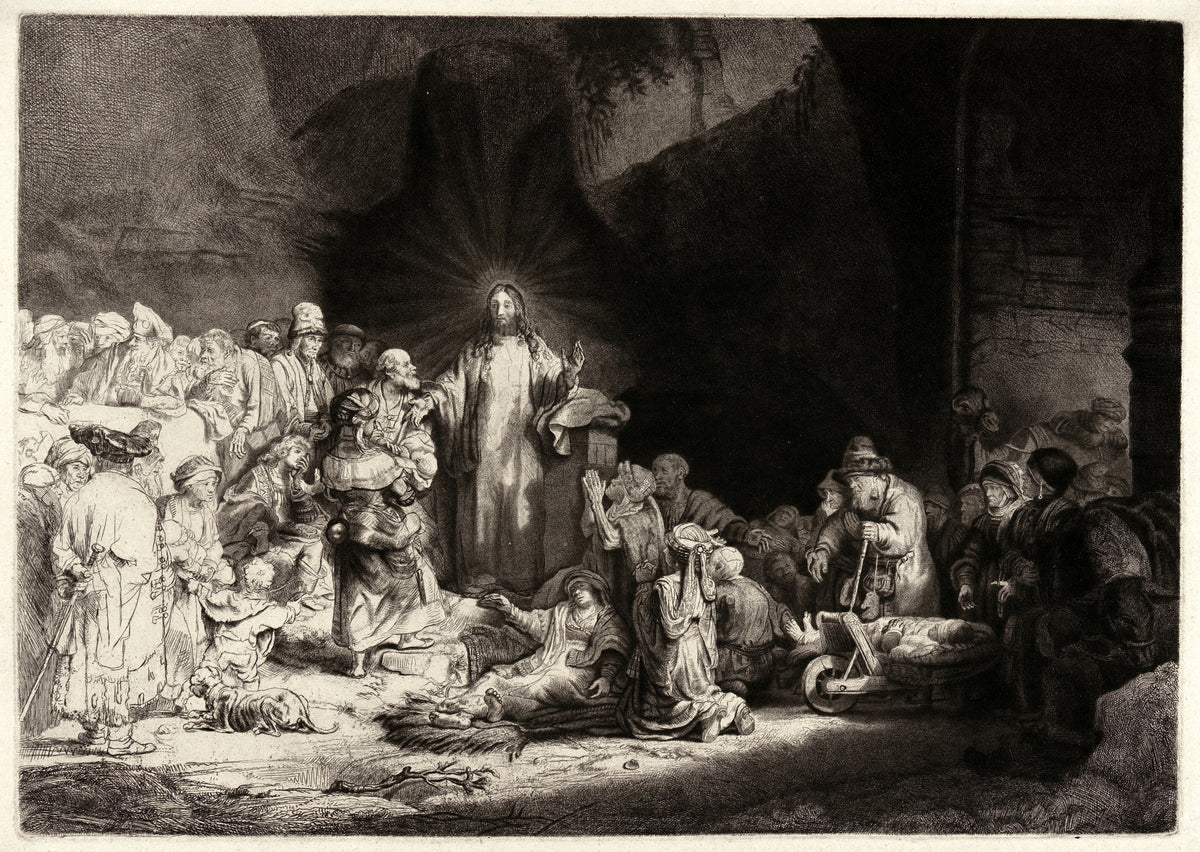 The Hundred Guilder Print by Rembrandt van Rijn — Christ stands in a halo of light among the sick and the curious