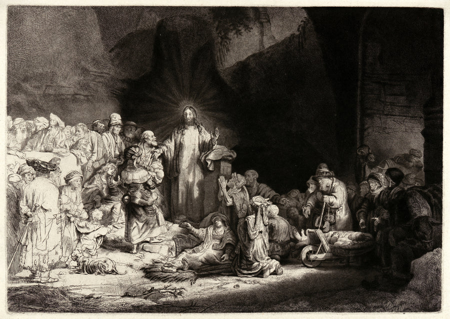 Rembrandt van Rijn — The Hundred Guilder Print | Etching Print shown to scale on a wall above a sofa
