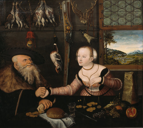 The Ill-matched Couple by Lucas Cranach the Elder — An old man in furs pays gold to a young woman holding small scales