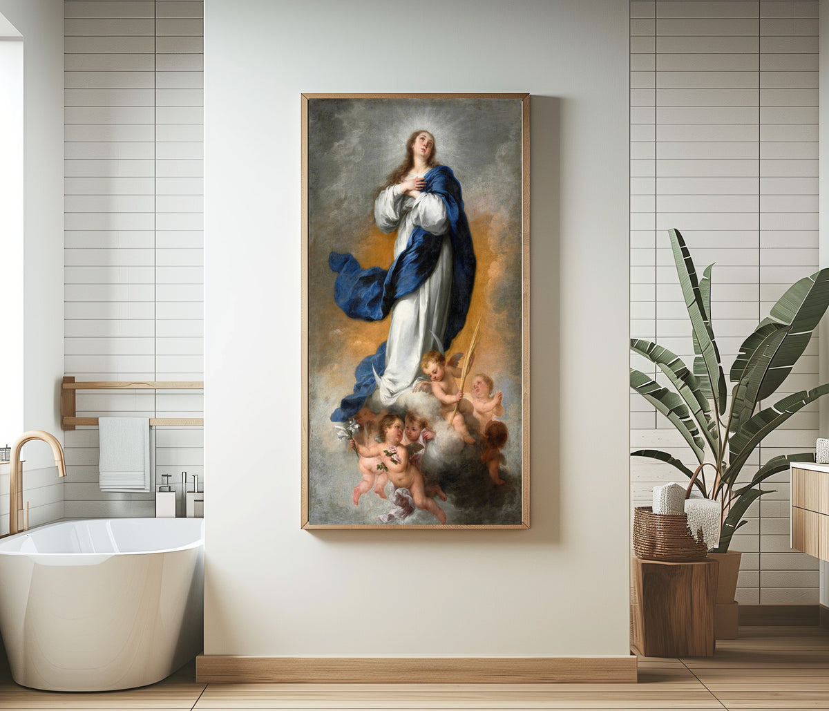 Framed art print of The Immaculate Conception by Bartolomé Esteban Murillo, in a bathroom beside a freestanding tub