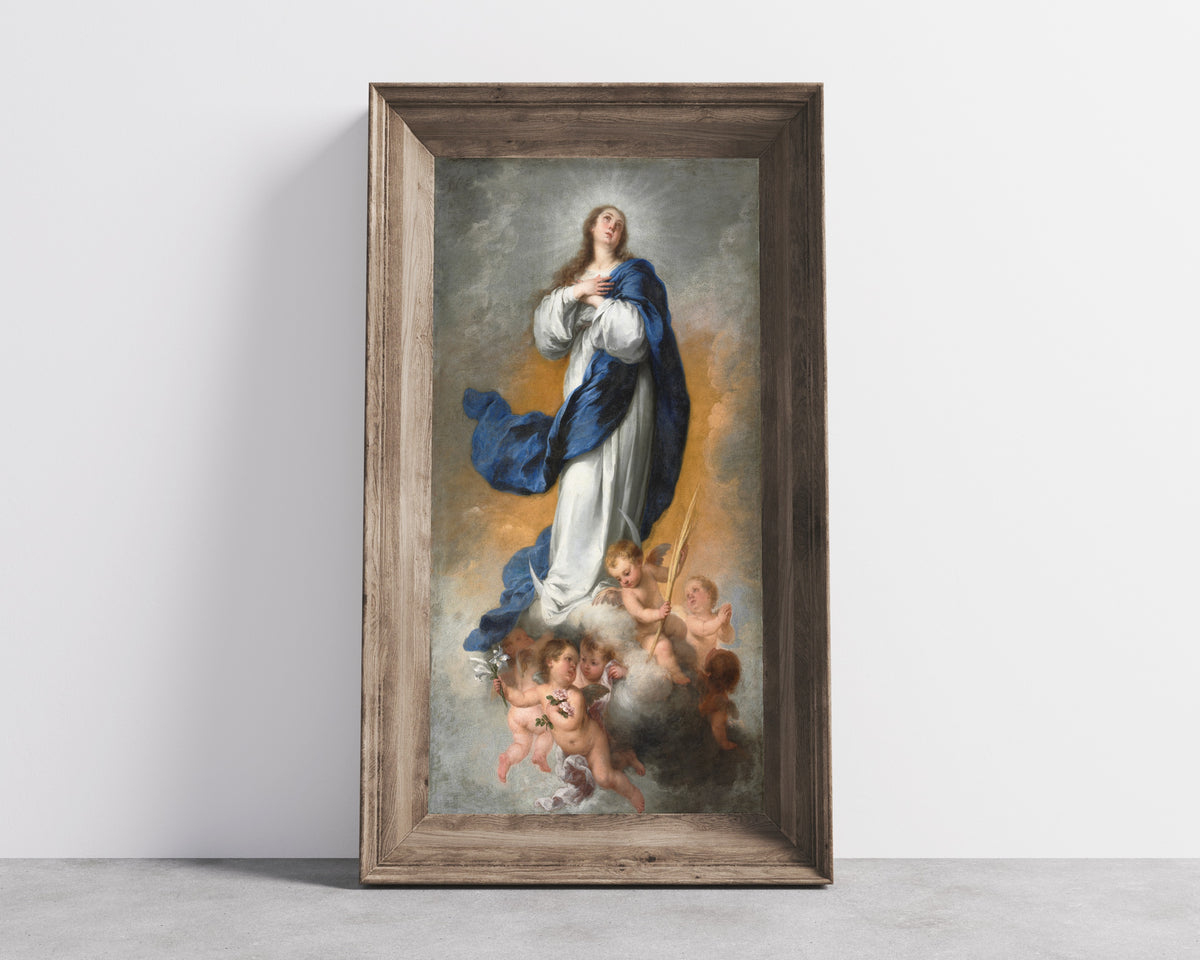 Framed art print of The Immaculate Conception by Bartolomé Esteban Murillo, in a wide wooden frame leaning against a concrete wall