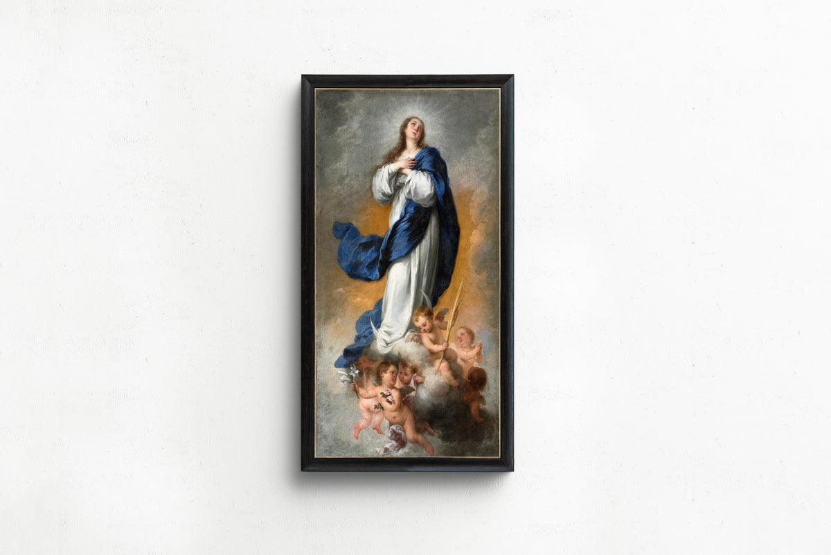 Framed art print of The Immaculate Conception by Bartolomé Esteban Murillo, in a slim black frame on a plain white wall