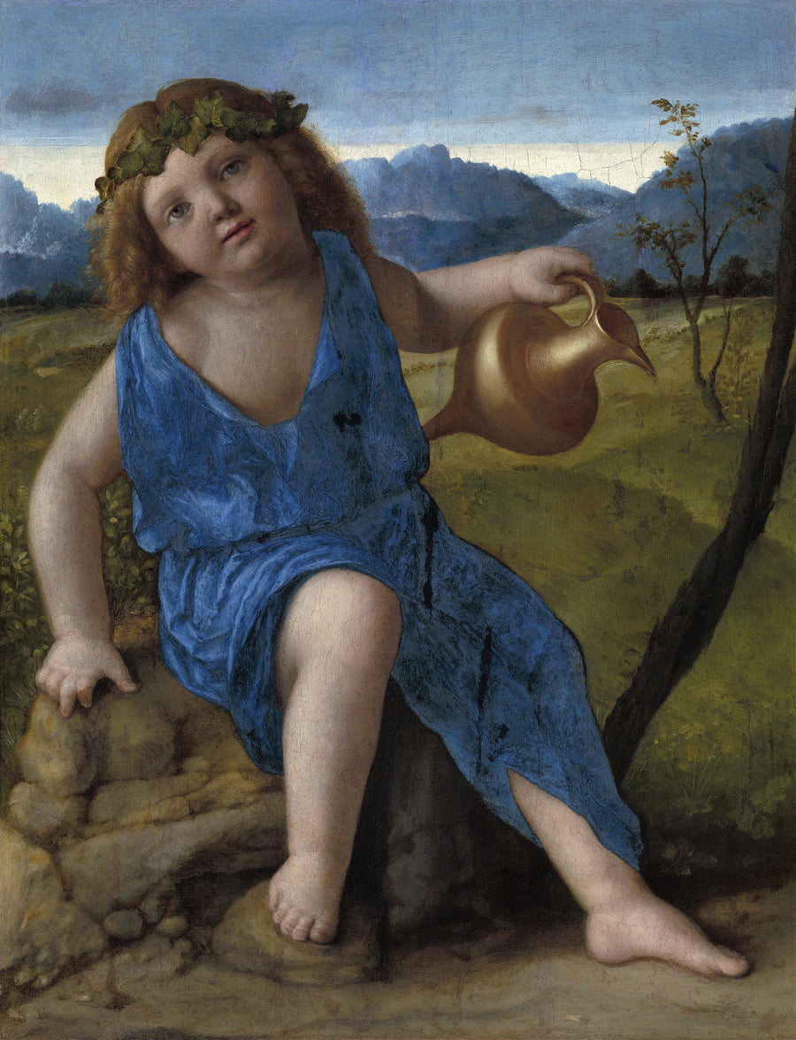 Giovanni Bellini — The Infant Bacchus | Fine Art Print shown to scale on a wall above a sofa