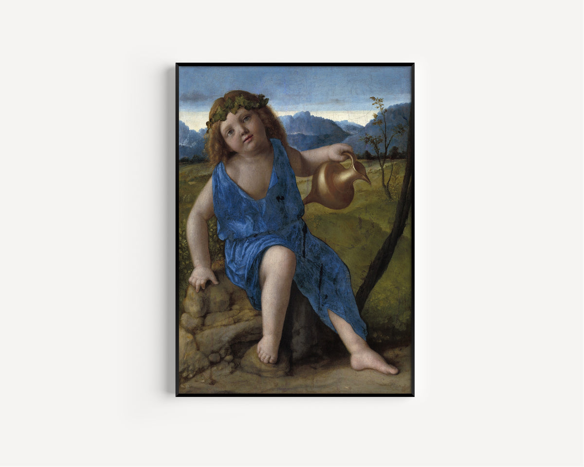 Framed art print of The Infant Bacchus by Giovanni Bellini, in a slim black frame on a plain white wall