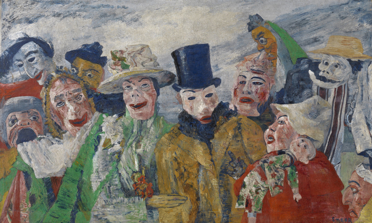 The Intrigue by James Ensor — A crowd of grinning carnival masks presses close under a grey sky
