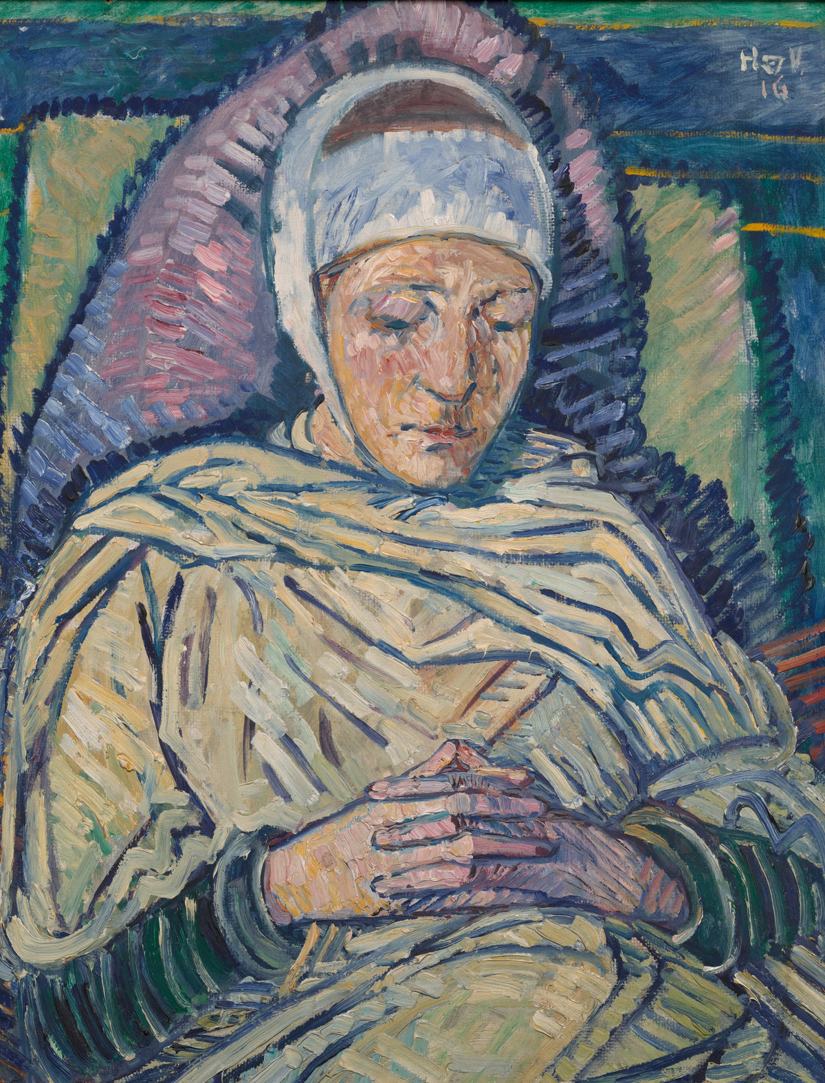 The Invalid by Heinrich Vogeler — An old woman in a white cap sits wrapped in a striped shawl