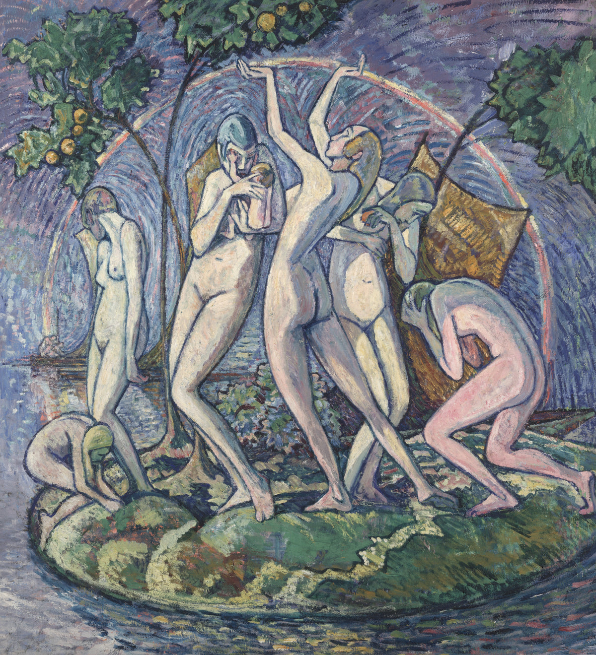 The Island of Peace by Heinrich Vogeler — Six pale figures dance and grieve on an island under a rainbow