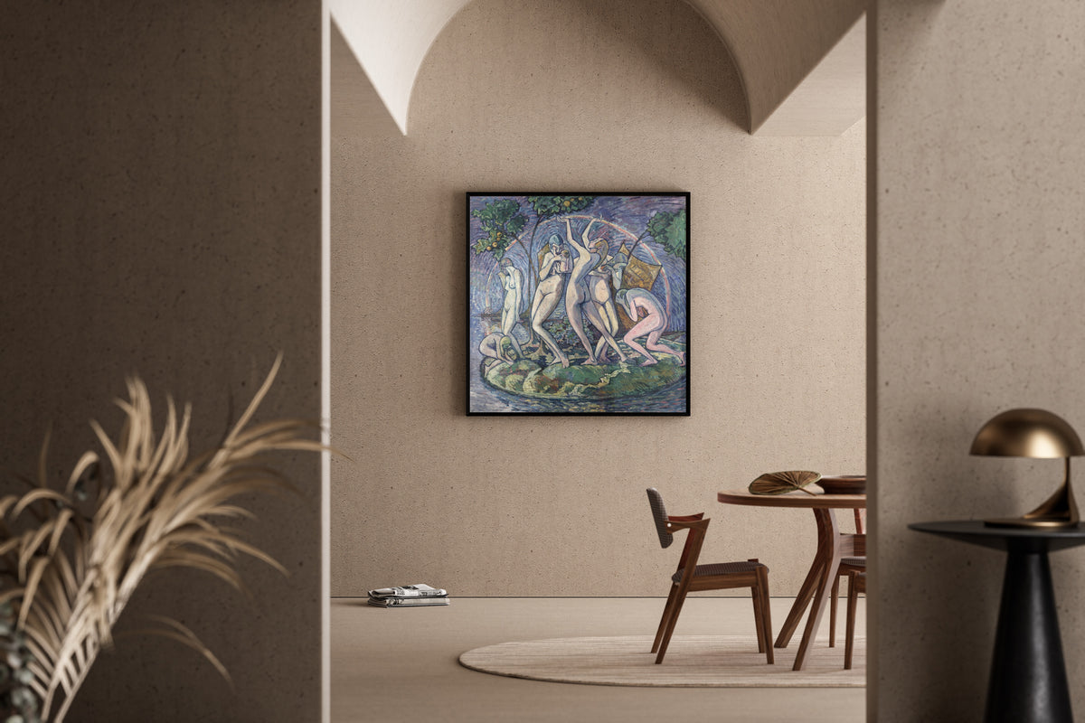 Framed art print of The Island of Peace by Heinrich Vogeler, in a sunlit dining corner