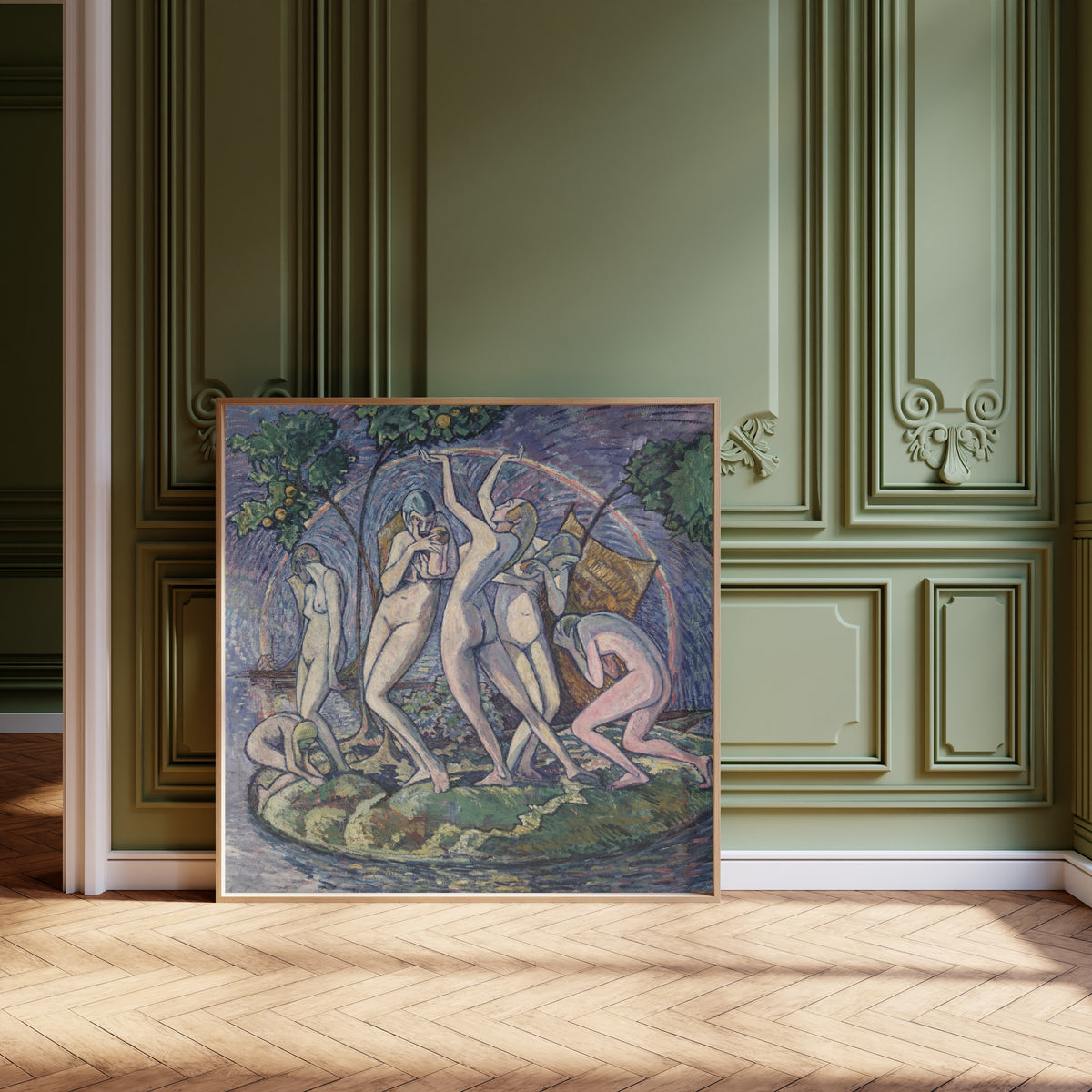 Framed art print of The Island of Peace by Heinrich Vogeler, leaning against olive-green panelling on a herringbone floor