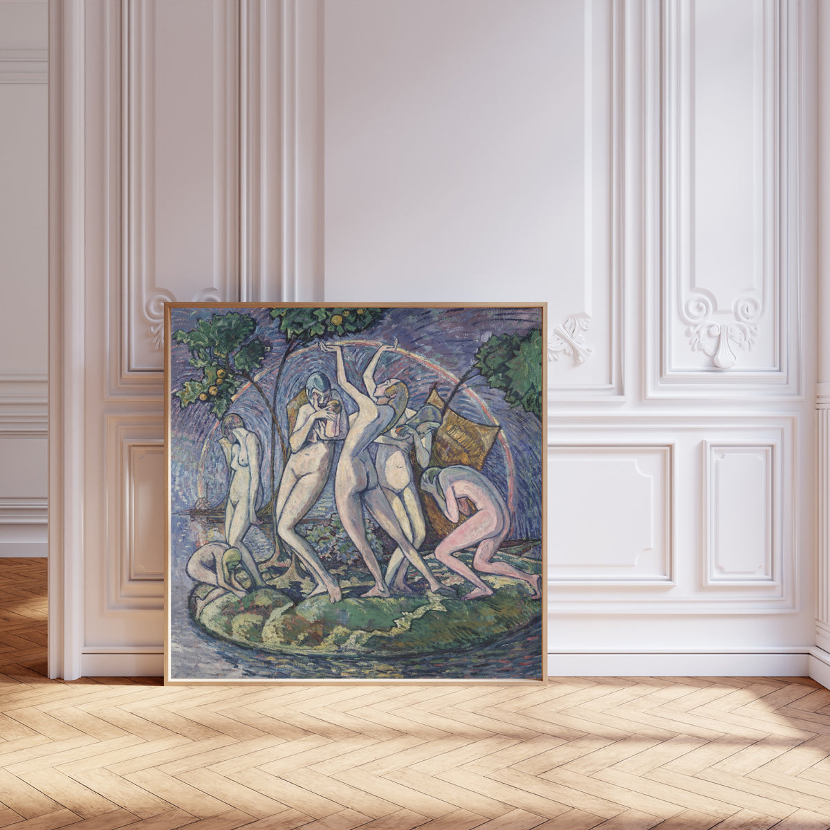 Framed art print of The Island of Peace by Heinrich Vogeler, leaning against pale pink panelling on a herringbone floor