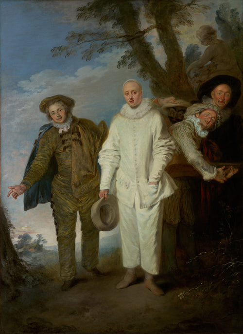 The Italian Comedians by Jean-Antoine Watteau — Five costumed players pause on a woodland path, one in white