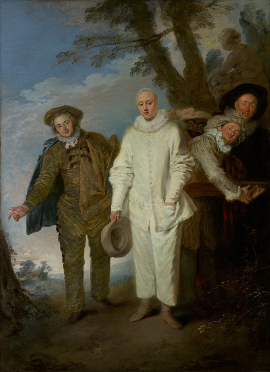Jean-Antoine Watteau — The Italian Comedians | Fine Art Print shown to scale on a wall above a sofa