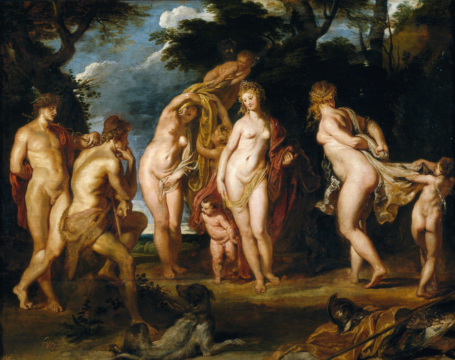 Peter Paul Rubens — The Judgement of Paris | Fine Art Print shown to scale on a wall above a sofa