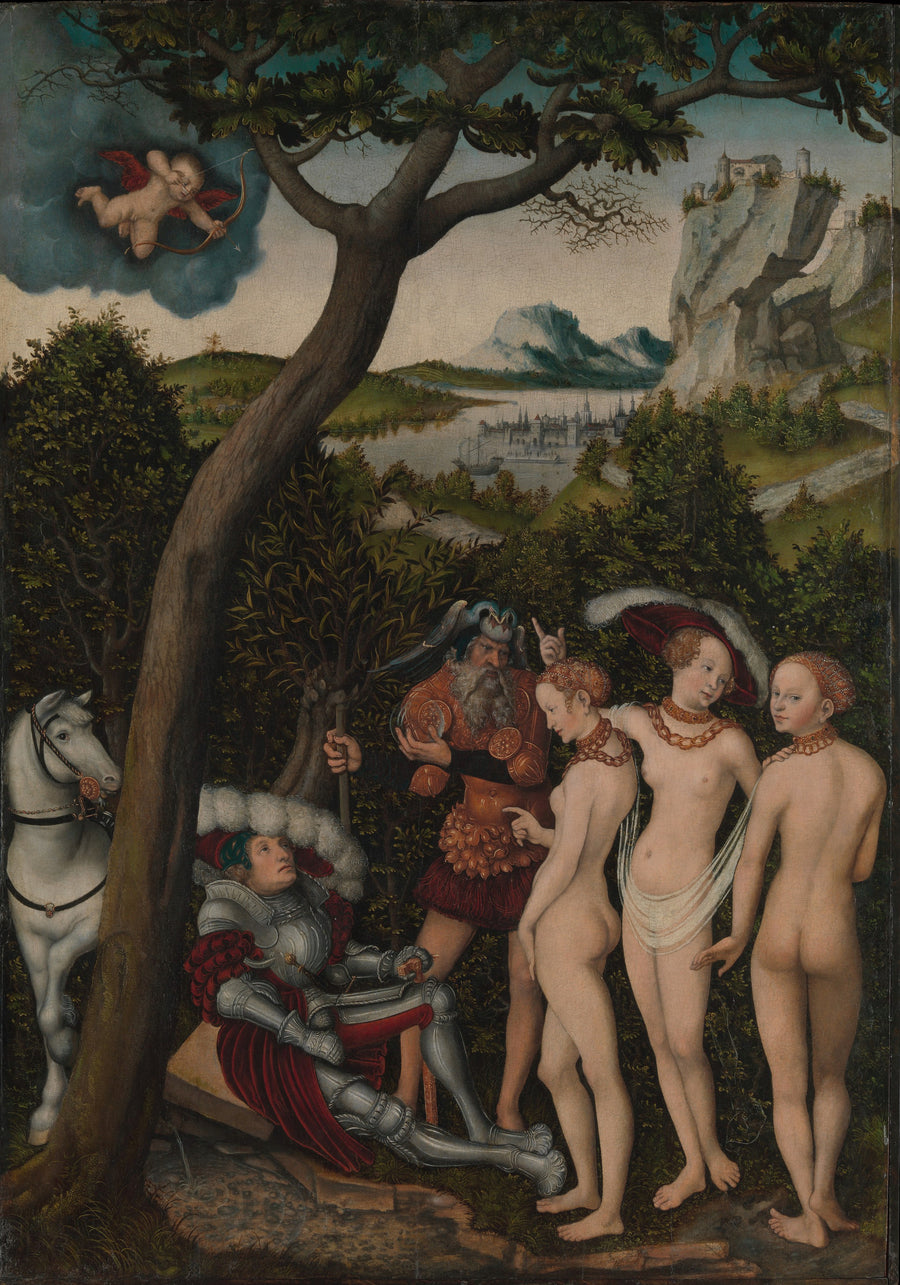 Lucas Cranach the Elder — The Judgment of Paris | Fine Art Print shown to scale on a wall above a sofa
