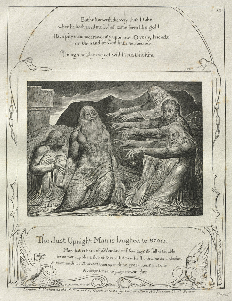 William Blake — The Just Upright Man Is Laughed to Scorn (Book of Job, Plate 10) | Engraving Print shown to scale on a wall above a sofa