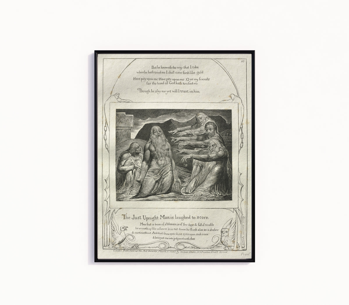 Framed art print of The Just Upright Man Is Laughed to Scorn (Book of Job, Plate 10) by William Blake, in a slim black frame on a plain white wall