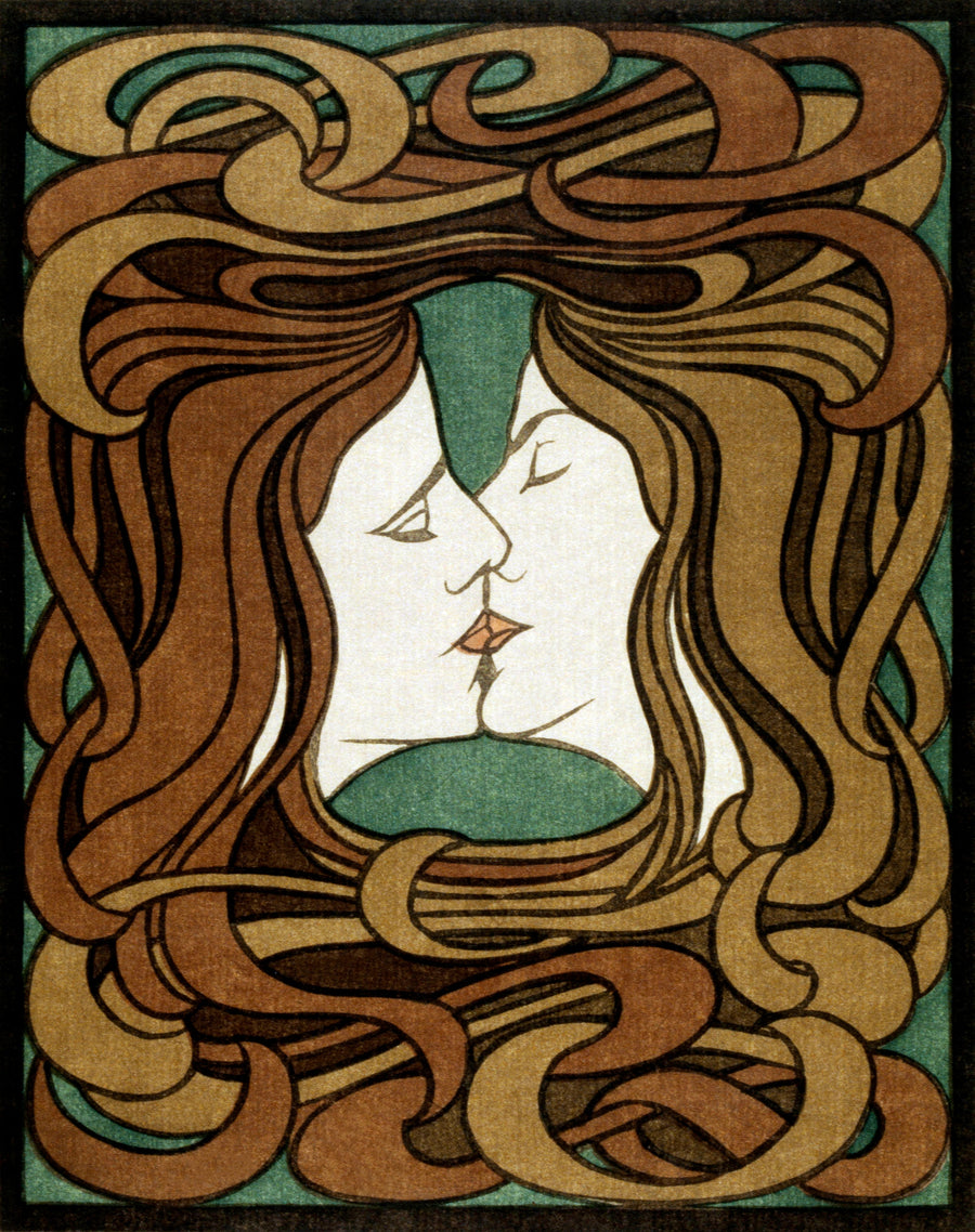Peter Behrens — The Kiss (Der Kuss) | Art Nouveau Woodcut Print shown to scale on a wall above a sofa