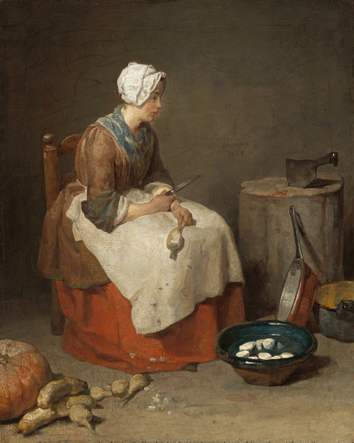 The Kitchen Maid by Jean-Siméon Chardin — A seated woman with a turnip and a knife, vegetables at her feet