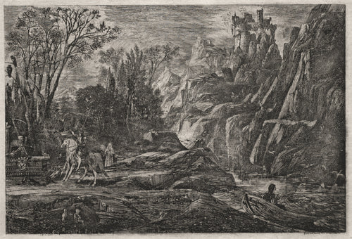 The Knight and Death by Rodolphe Bresdin — A knight reins in his horse before Death waiting on a tomb