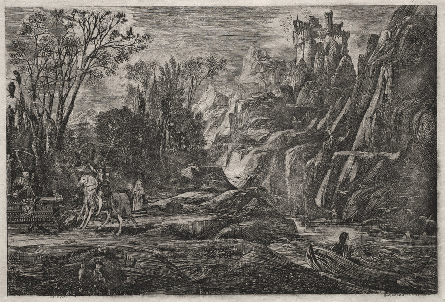 Rodolphe Bresdin — The Knight and Death | Etching Print shown to scale on a wall above a sofa