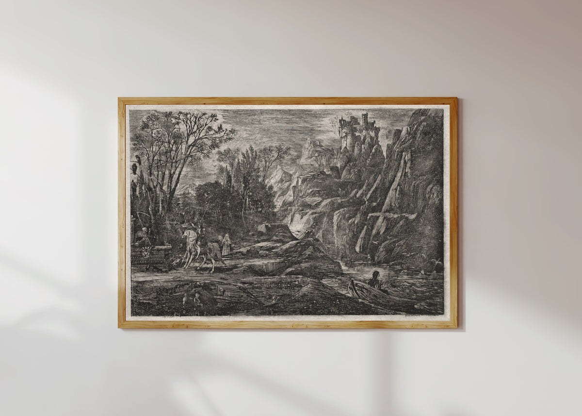 Framed art print of The Knight and Death by Rodolphe Bresdin, in a light wood frame on a sunlit white wall