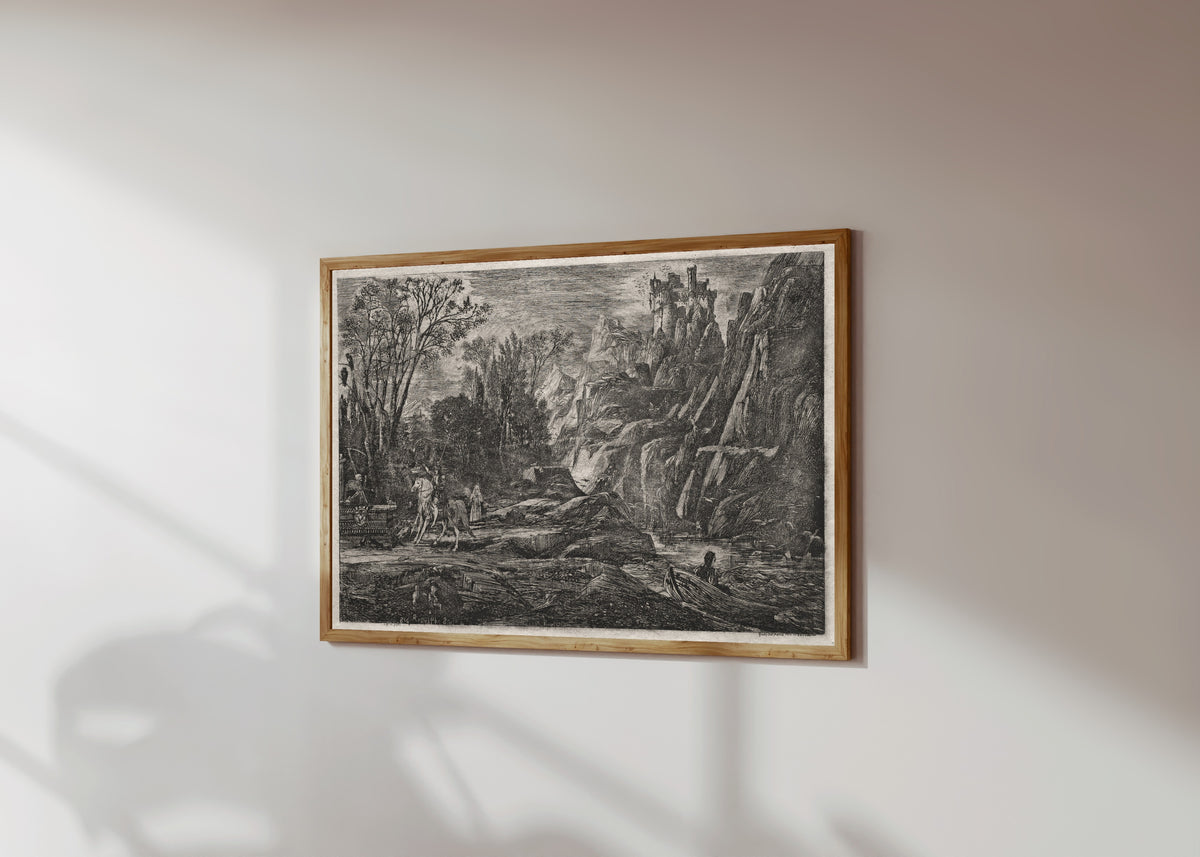 Framed art print of The Knight and Death by Rodolphe Bresdin, in a light wood frame on a sunlit white wall, seen at a slight angle