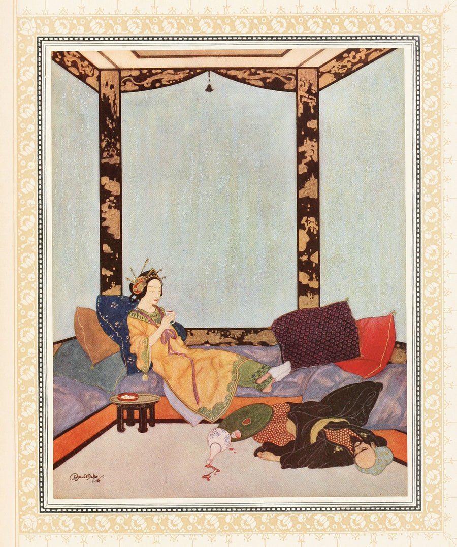 Edmund Dulac — The Lady Bedr-el-Budur and the wicked Magician | Fantasy Illustration Print shown to scale on a wall above a sofa