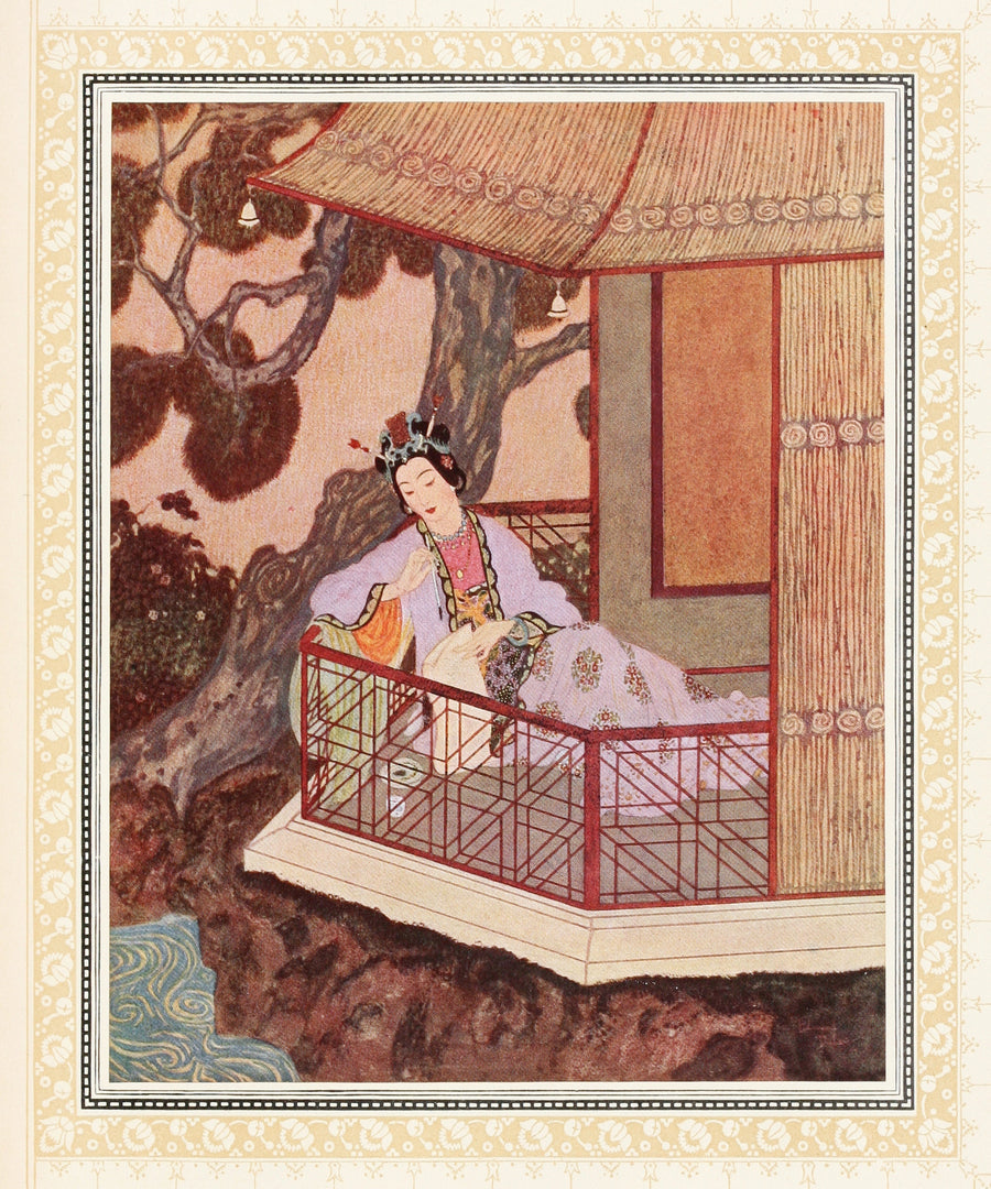 Edmund Dulac — The Lady Bedr-el-Budur | Fantasy Illustration Print shown to scale on a wall above a sofa
