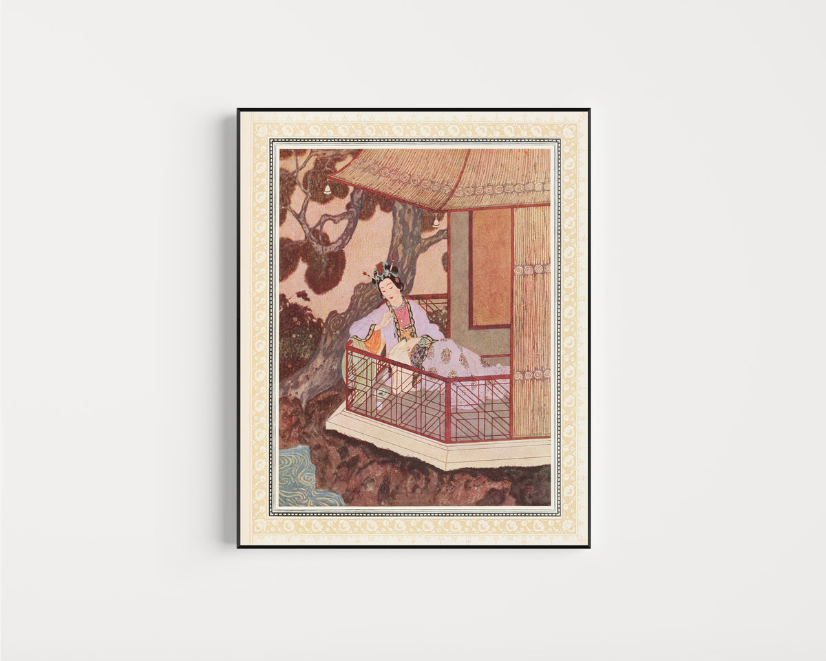 Framed art print of The Lady Bedr-el-Budur by Edmund Dulac, in a slim black frame on a plain white wall